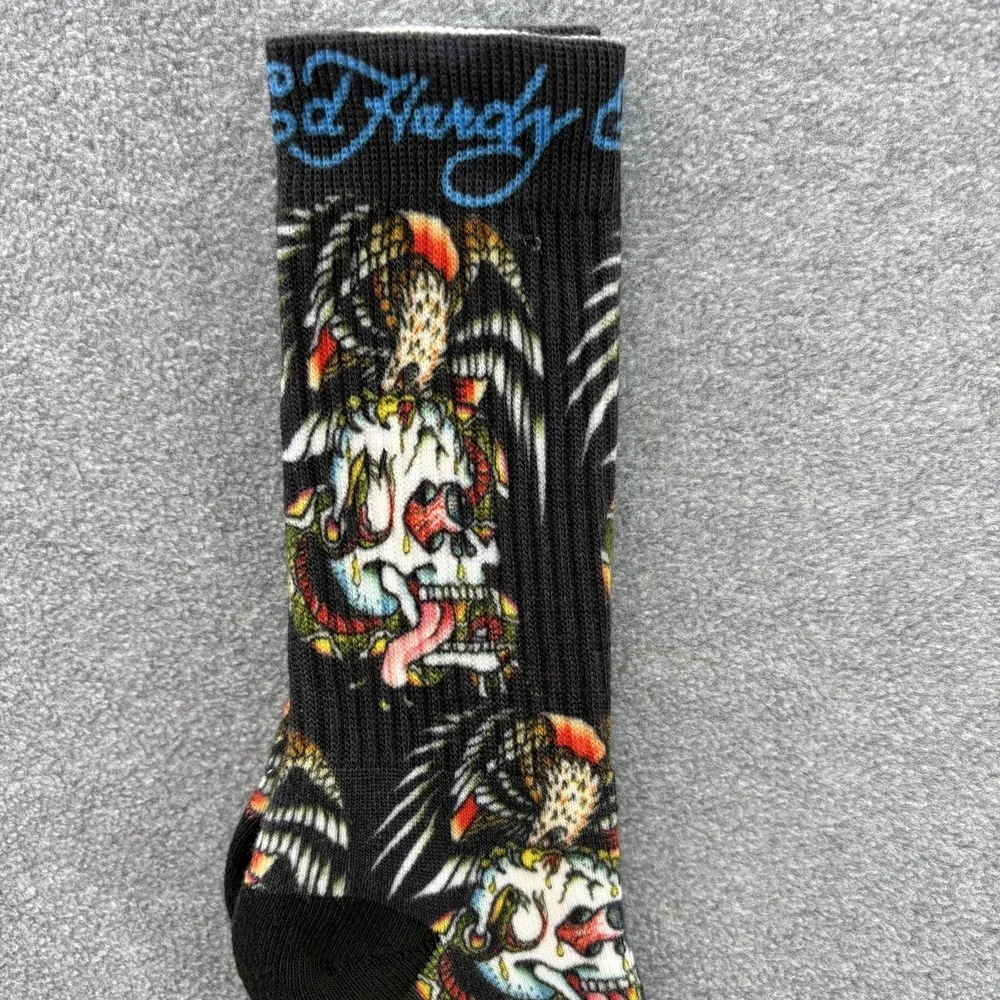 Ed Hardy Socks Mens One Size Black Skull Snake Tattoo Print Mid Calf